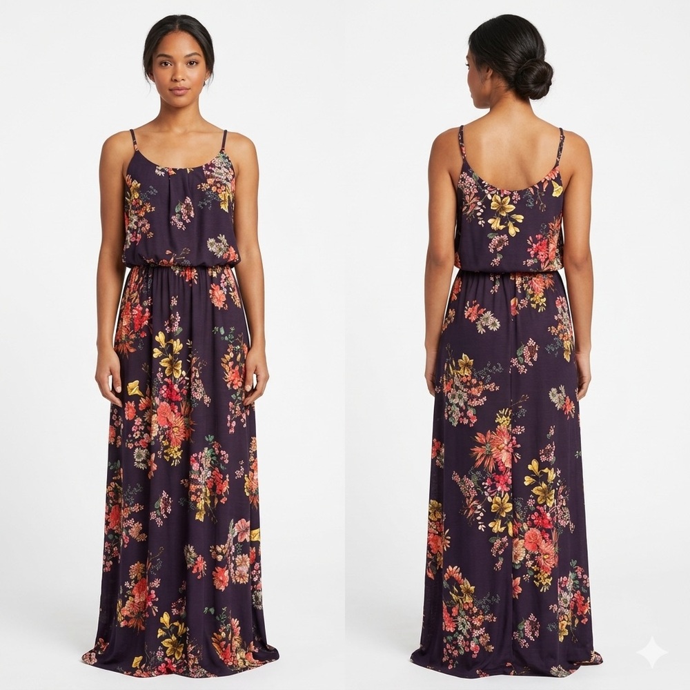 Floral Spaghetti-Strap Maxi Dress in Dark Purple